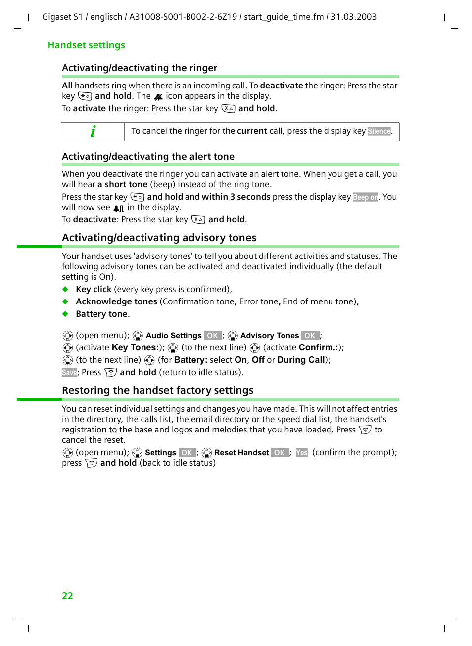 Activating/deactivating the ringer, Activating/deactivating the alert tone, Activating/deactivating advisory tones | Restoring the handset factory settings | Siemens Gigaset S1 User Manual | Page 22 / 32