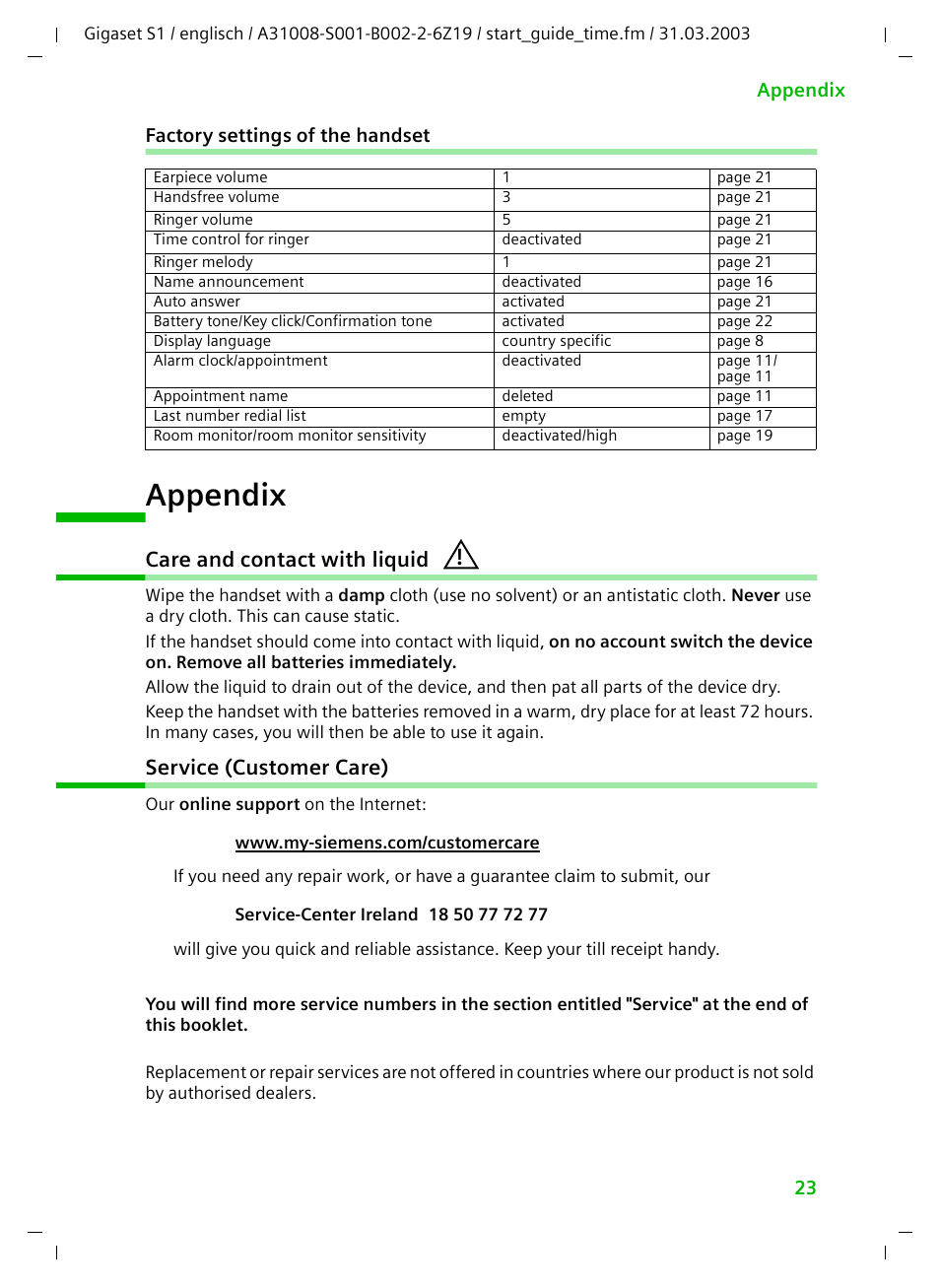 Factory settings of the handset, Appendix, Care and contact with liquid | Service (customer care) | Siemens Gigaset S1 User Manual | Page 23 / 32