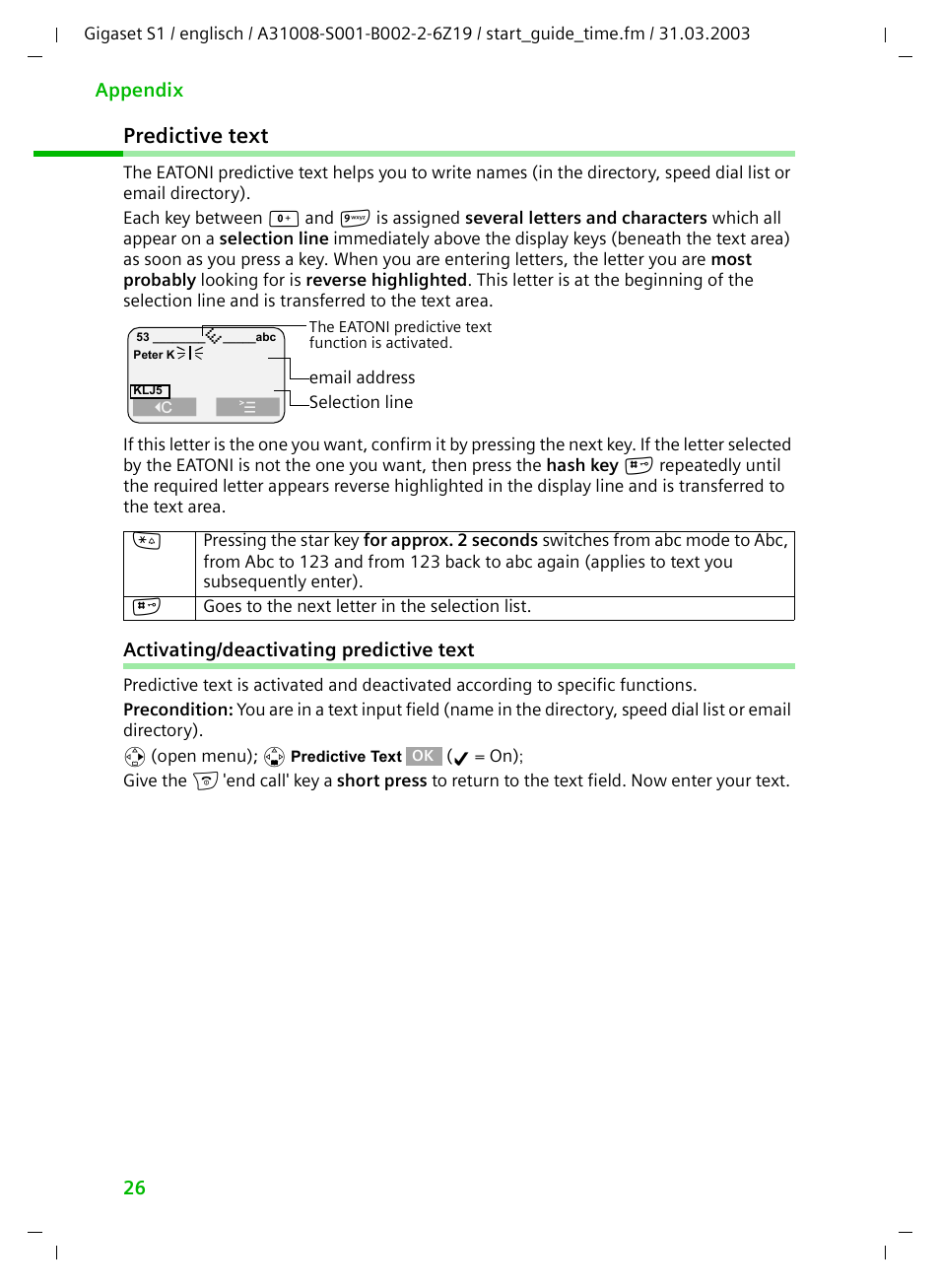 Predictive text, Activating/deactivating predictive text | Siemens Gigaset S1 User Manual | Page 26 / 32