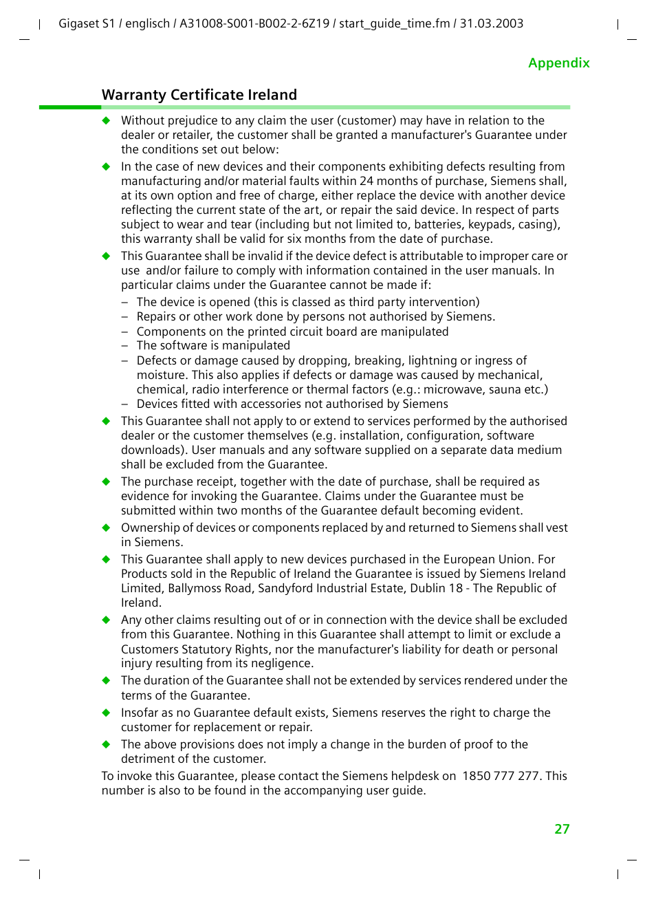 Warranty certificate ireland, Warranty certificate | Siemens Gigaset S1 User Manual | Page 27 / 32