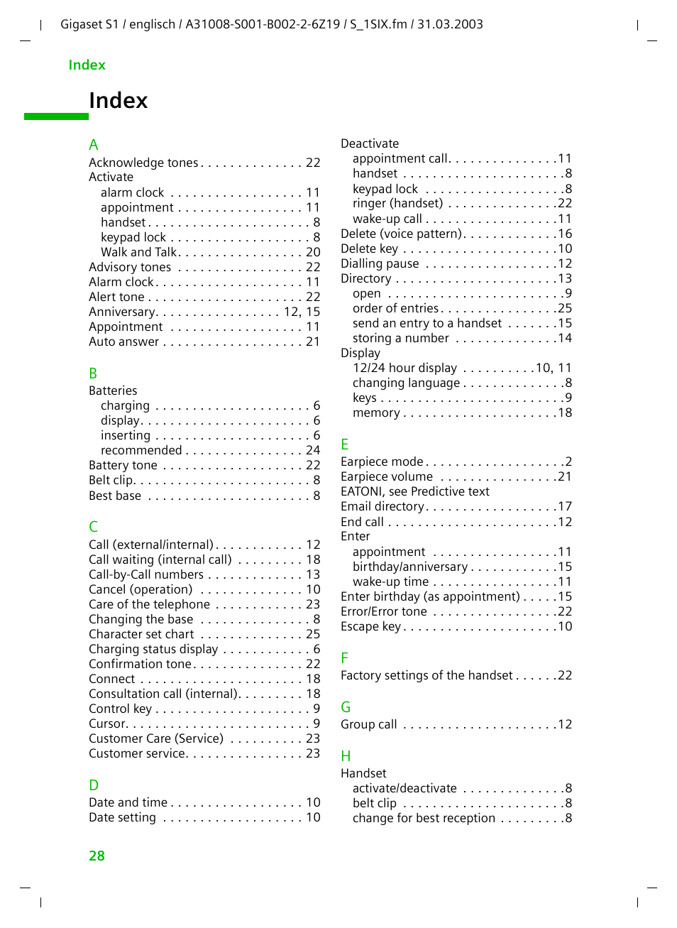 Index | Siemens Gigaset S1 User Manual | Page 28 / 32