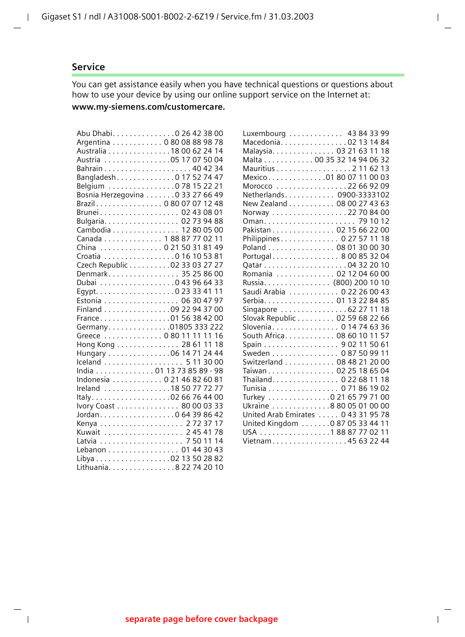 Service | Siemens Gigaset S1 User Manual | Page 31 / 32