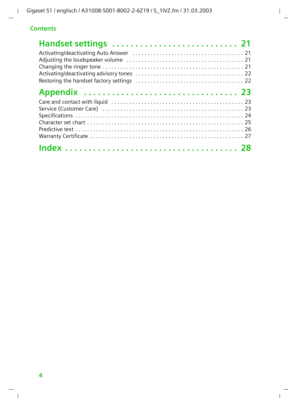 Handset settings, Appendix, Index | Siemens Gigaset S1 User Manual | Page 4 / 32