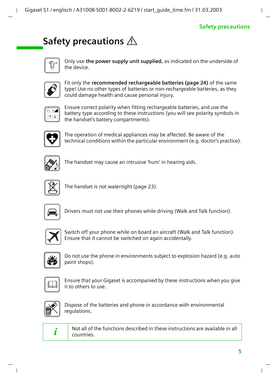 Safety precautions | Siemens Gigaset S1 User Manual | Page 5 / 32