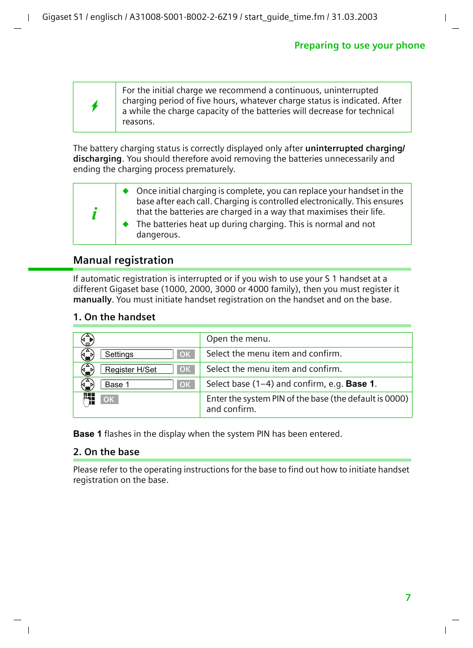 Manual registration, On the handset, On the base | Siemens Gigaset S1 User Manual | Page 7 / 32