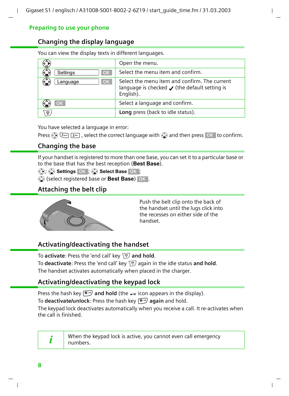 Changing the display language, Changing the base, Attaching the belt clip | Activating/deactivating the handset, Activating/deactivating the keypad lock | Siemens Gigaset S1 User Manual | Page 8 / 32