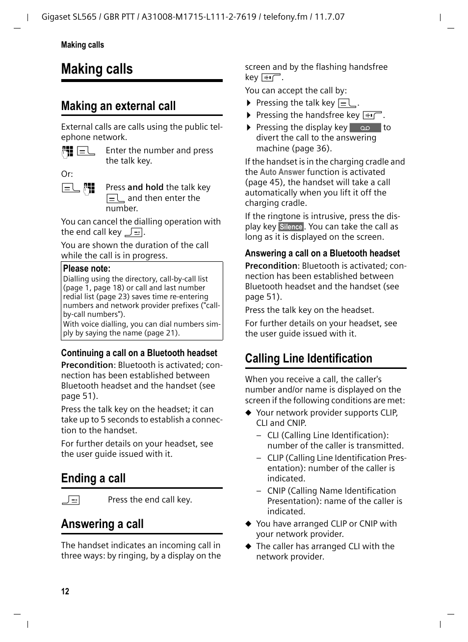 Making calls, Making an external call, Ending a call | Answering a call, Calling line identification | Siemens Gigaset SL565 User Manual | Page 13 / 72