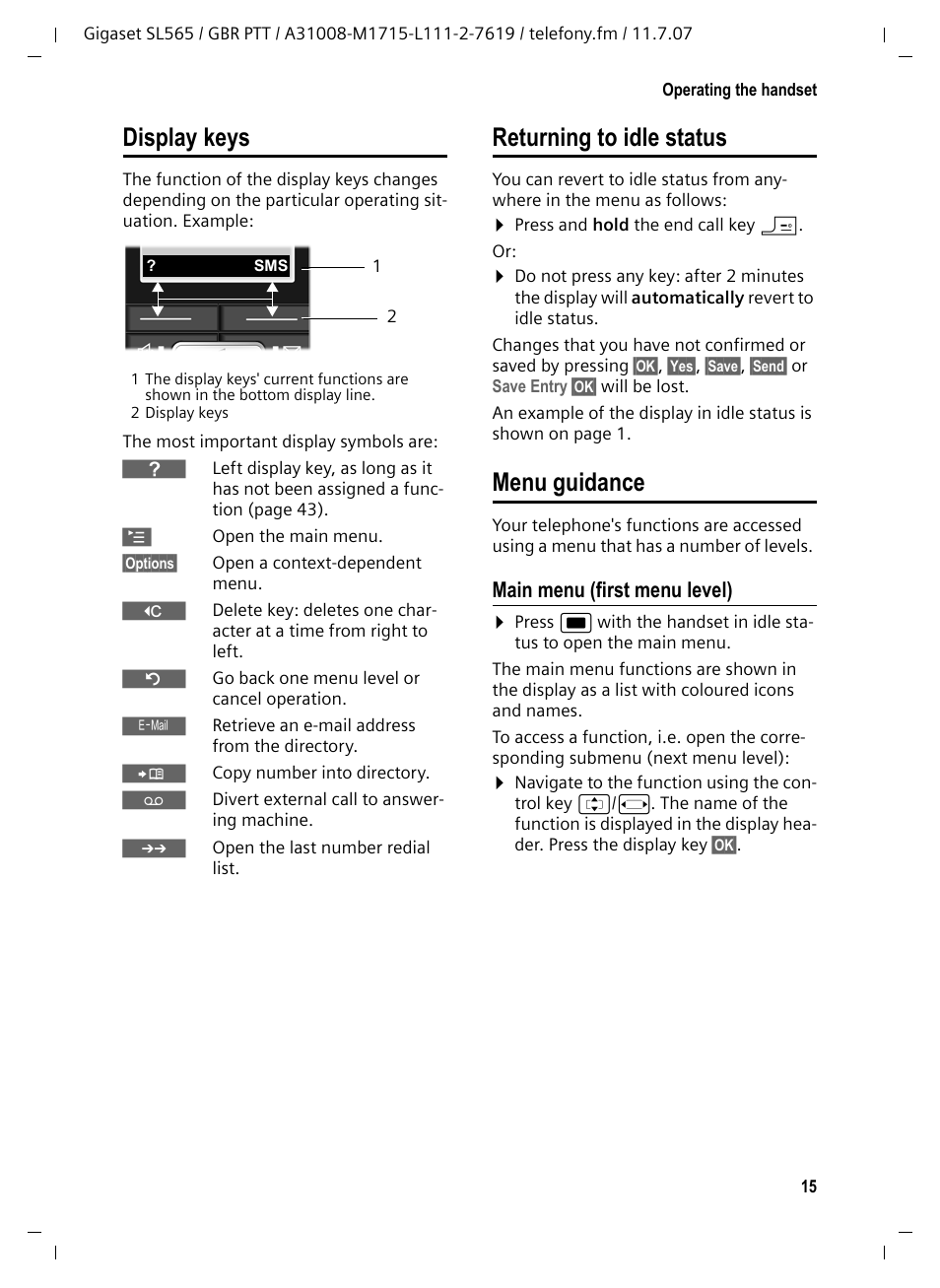 Display keys, Returning to idle status, Menu guidance | Main menu (first menu level) | Siemens Gigaset SL565 User Manual | Page 16 / 72