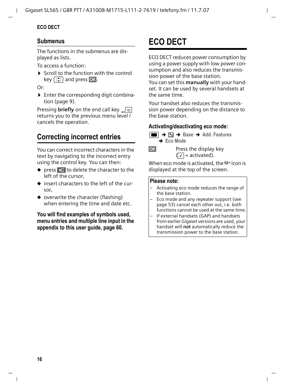 Submenus, Correcting incorrect entries, Eco dect | Siemens Gigaset SL565 User Manual | Page 17 / 72