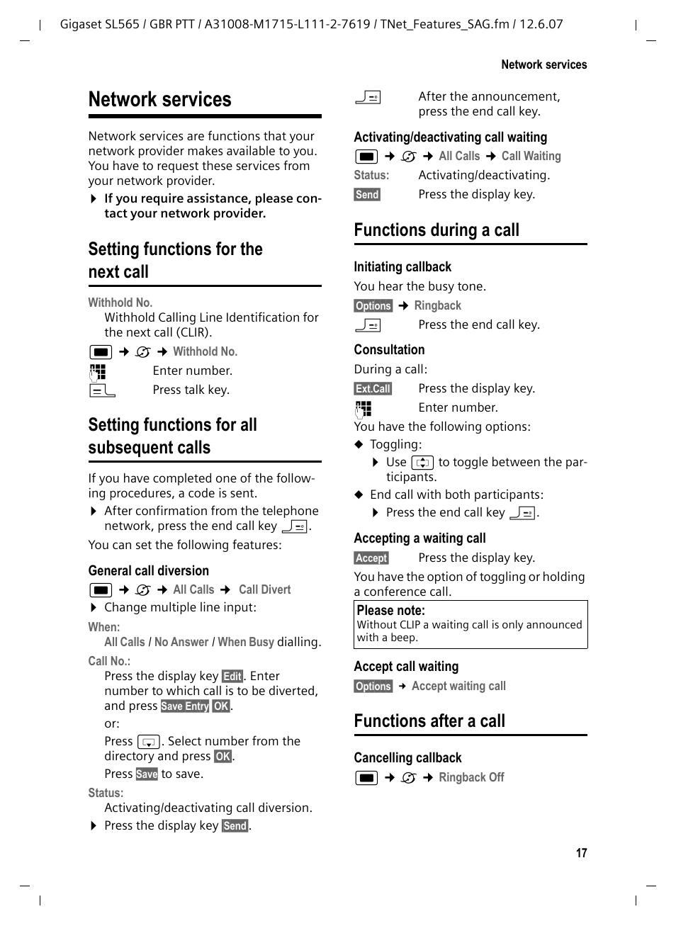 Network services, Setting functions for the next call, Setting functions for all subsequent calls | Functions during a call, Functions after a call | Siemens Gigaset SL565 User Manual | Page 18 / 72