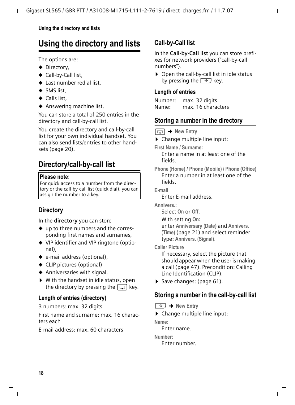 Using the directory and lists, Directory/call-by-call list, Directory | Call-by-call list, Storing a number in the directory, Storing a number in the call-by-call list | Siemens Gigaset SL565 User Manual | Page 19 / 72