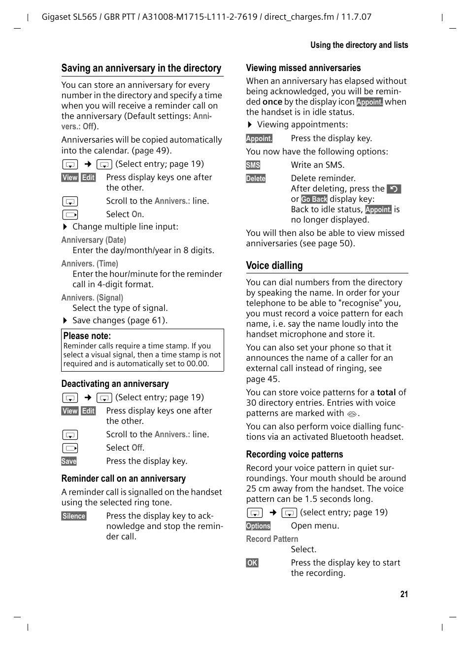 Saving an anniversary in the directory, Voice dialling | Siemens Gigaset SL565 User Manual | Page 22 / 72