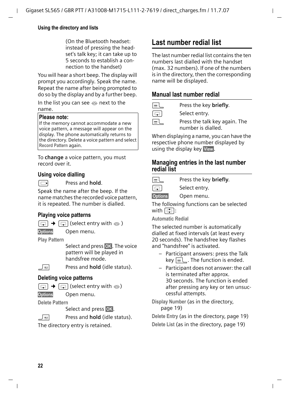 Last number redial list, Manual last number redial, Managing entries in the last number redial list | Siemens Gigaset SL565 User Manual | Page 23 / 72