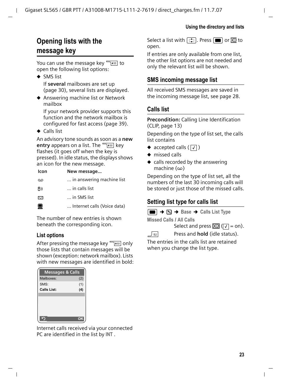 Opening lists with the message key, Sms incoming message list, Calls list | Setting list type for calls list | Siemens Gigaset SL565 User Manual | Page 24 / 72