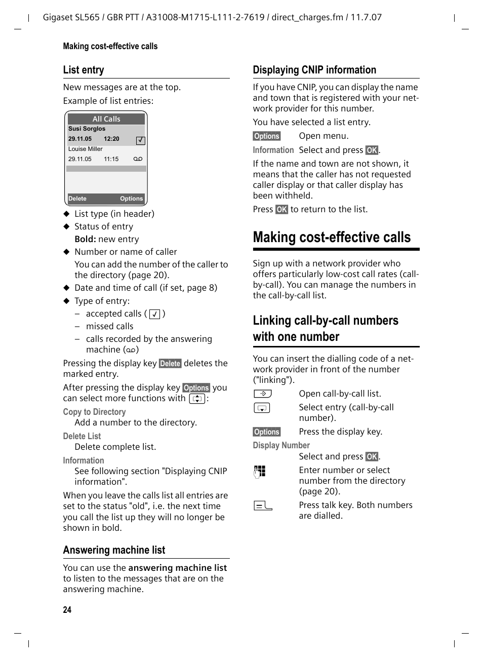 List entry, Answering machine list, Displaying cnip information | Making cost-effective calls, Linking call-by-call numbers with one number | Siemens Gigaset SL565 User Manual | Page 25 / 72