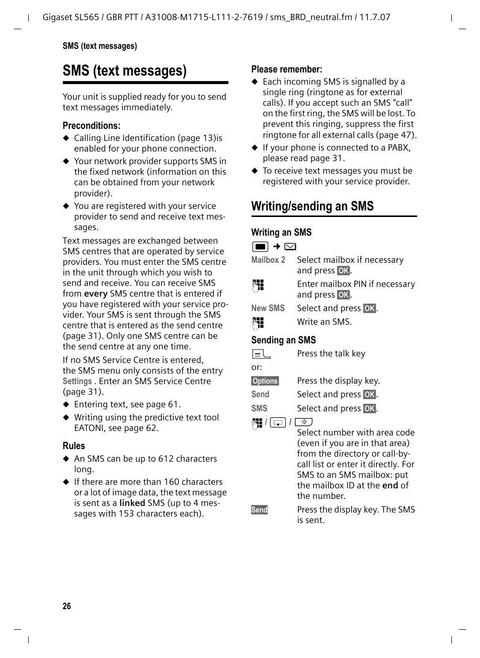 Sms (text messages), Writing/sending an sms | Siemens Gigaset SL565 User Manual | Page 27 / 72