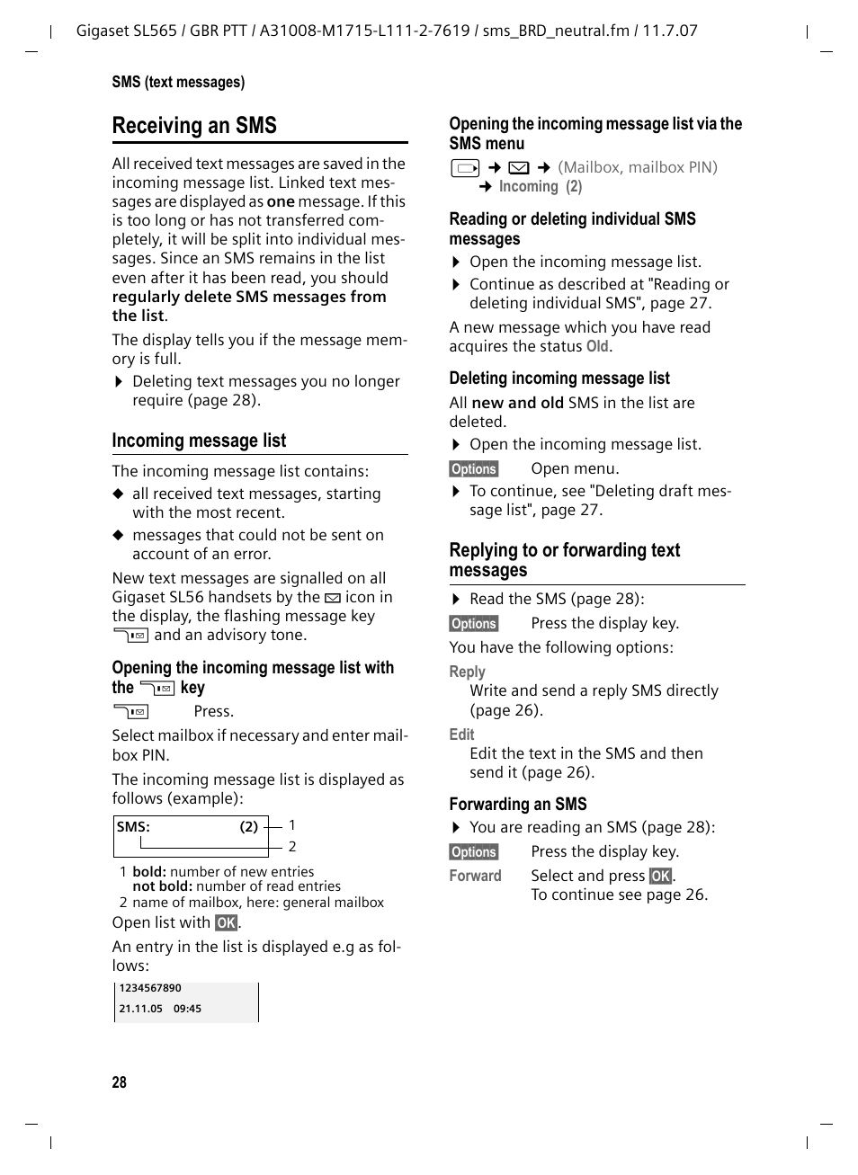 Receiving an sms, Incoming message list, Replying to or forwarding text messages | Siemens Gigaset SL565 User Manual | Page 29 / 72