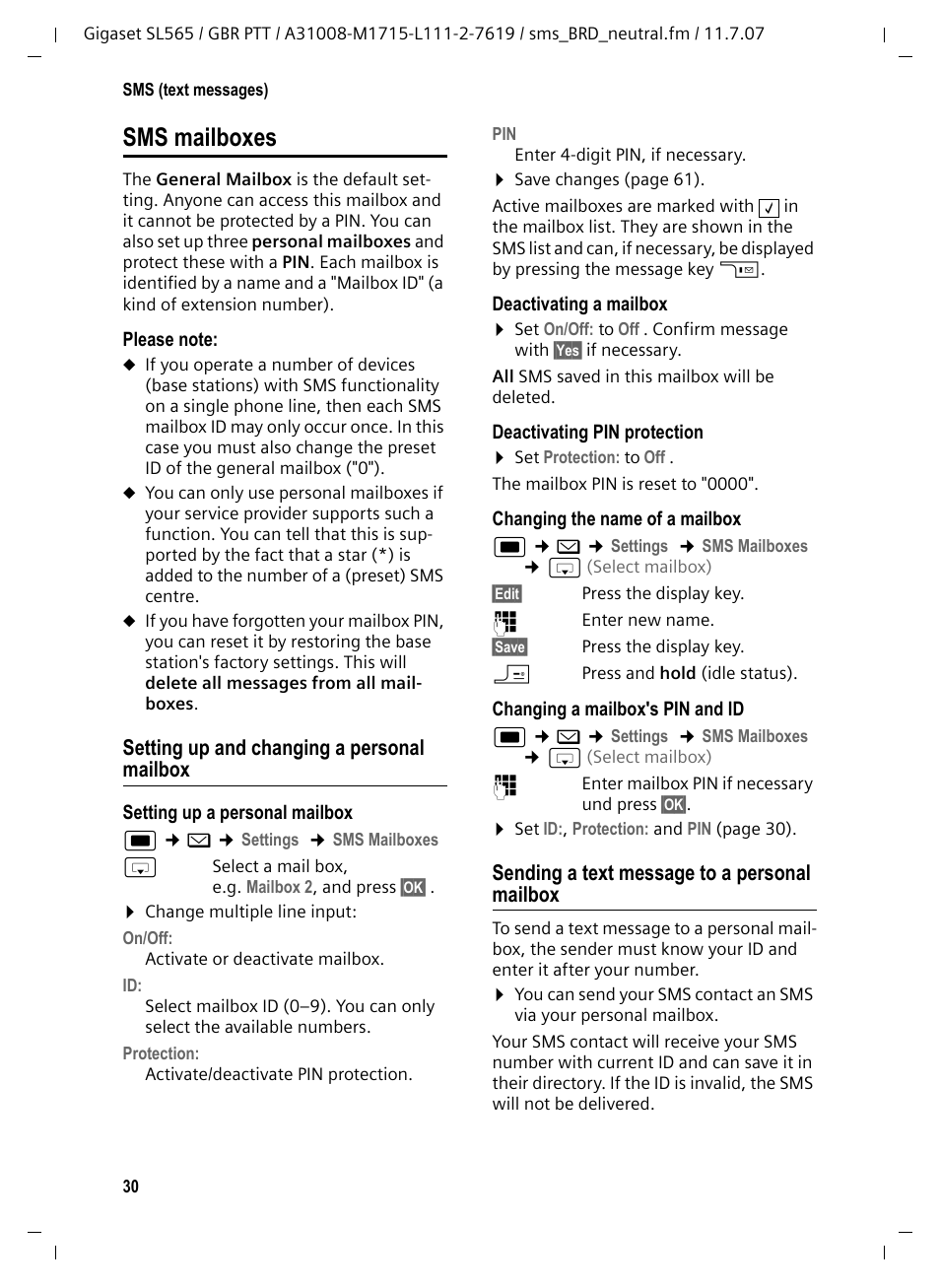 Sms mailboxes, Setting up and changing a personal mailbox, Sending a text message to a personal mailbox | Siemens Gigaset SL565 User Manual | Page 31 / 72