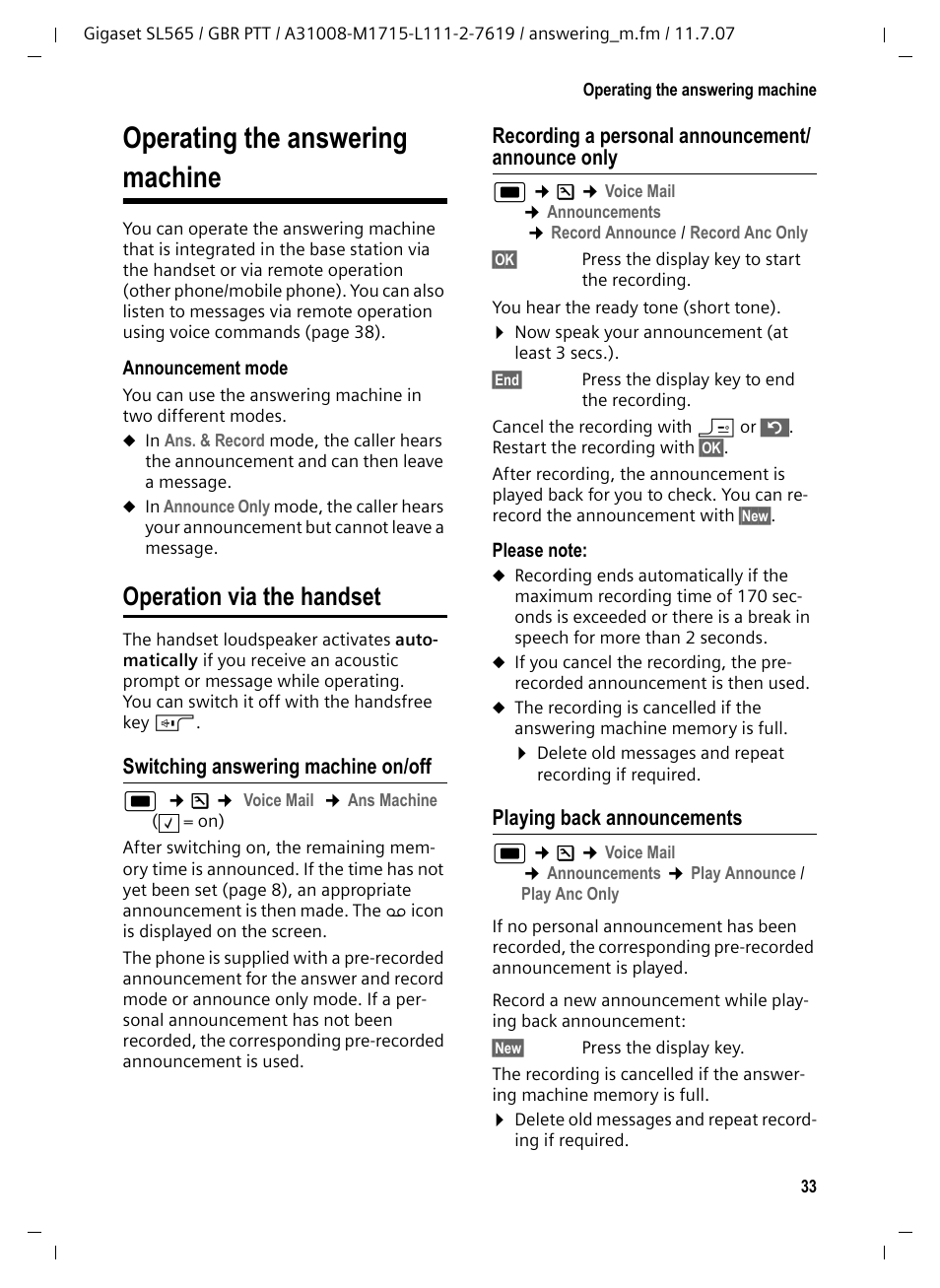 Operating the answering machine, Operation via the handset, Switching answering machine on/off | Recording a personal announcement/ announce only, Playing back announcements | Siemens Gigaset SL565 User Manual | Page 34 / 72