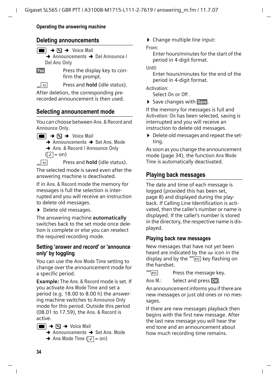 Deleting announcements, Selecting announcement mode, Playing back messages | Siemens Gigaset SL565 User Manual | Page 35 / 72