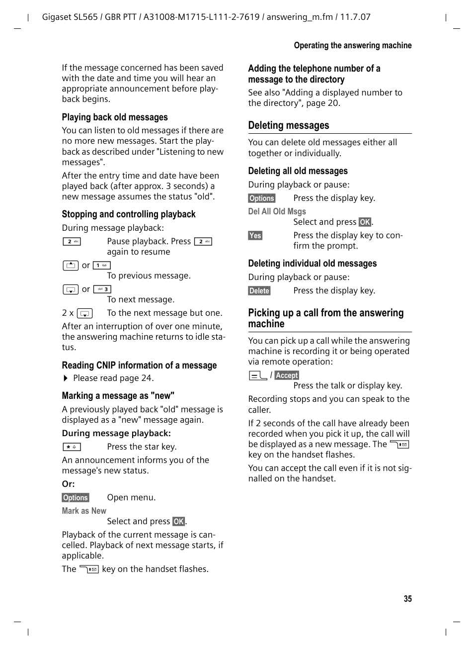 Deleting messages, Picking up a call from the answering machine | Siemens Gigaset SL565 User Manual | Page 36 / 72