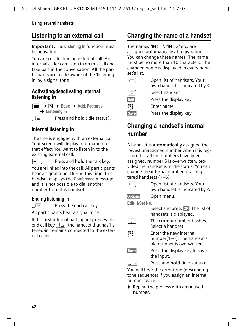 Listening to an external call, Activating/deactivating internal listening in, Internal listening in | Changing the name of a handset, Changing a handset's internal number | Siemens Gigaset SL565 User Manual | Page 43 / 72