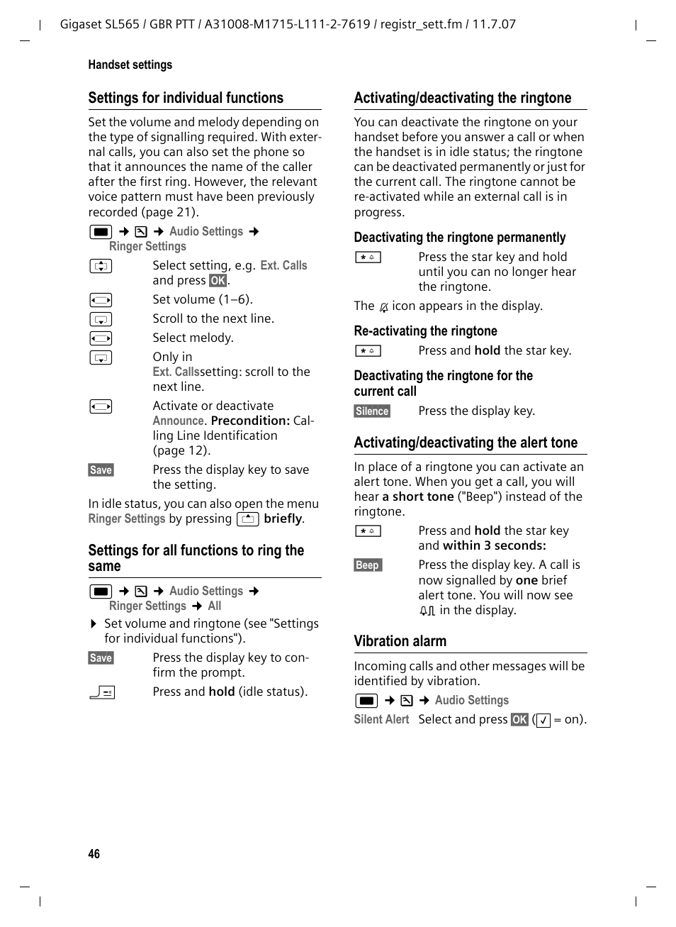 Settings for individual functions, Settings for all functions to ring the same, Activating/deactivating the ringtone | Activating/deactivating the alert tone, Vibration alarm | Siemens Gigaset SL565 User Manual | Page 47 / 72