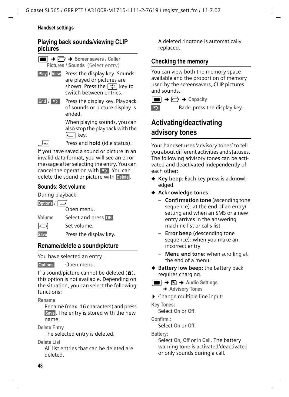 Playing back sounds/viewing clip pictures, Rename/delete a sound/picture, Checking the memory | Activating/deactivating advisory tones | Siemens Gigaset SL565 User Manual | Page 49 / 72