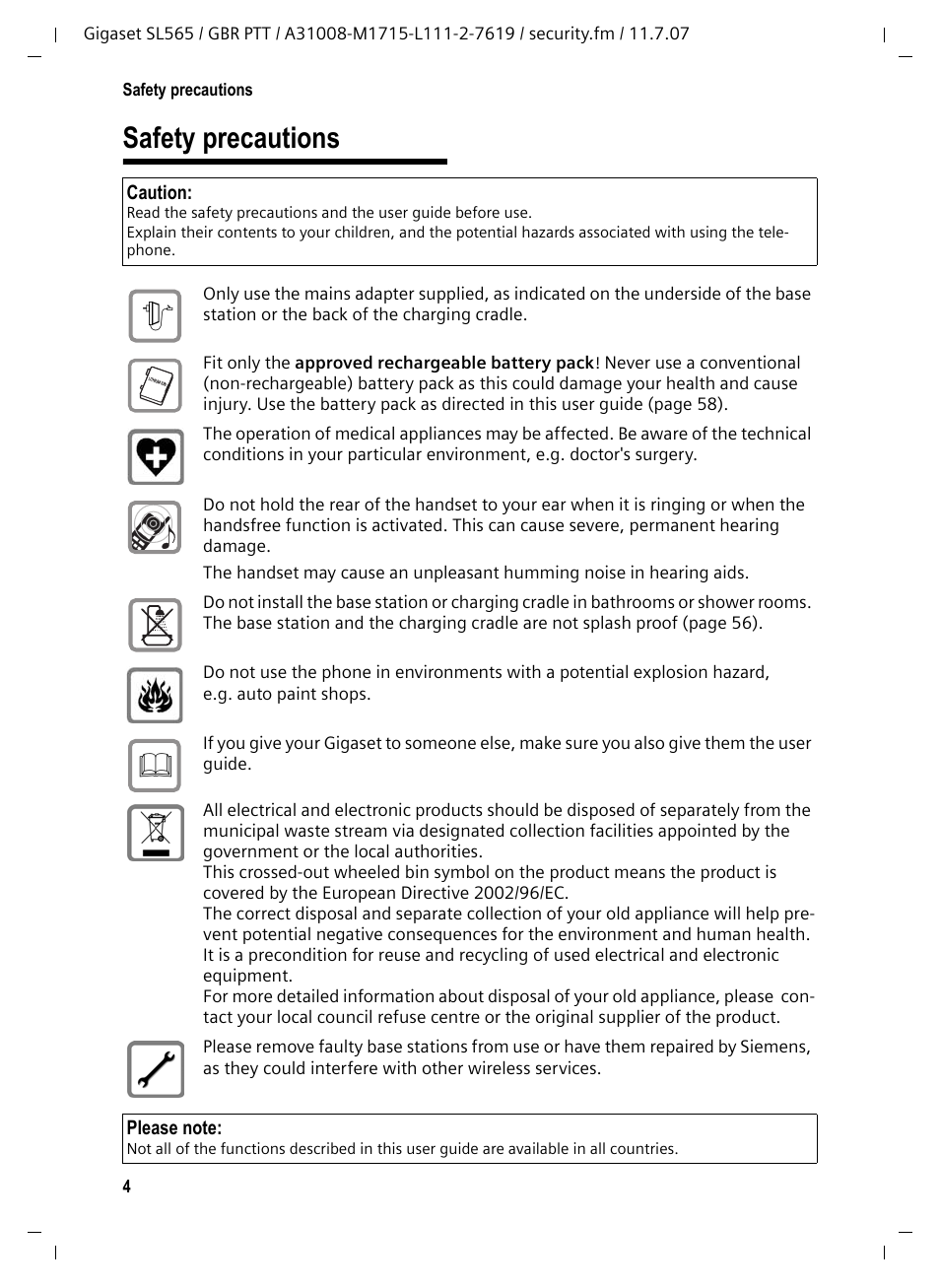 Safety precautions | Siemens Gigaset SL565 User Manual | Page 5 / 72