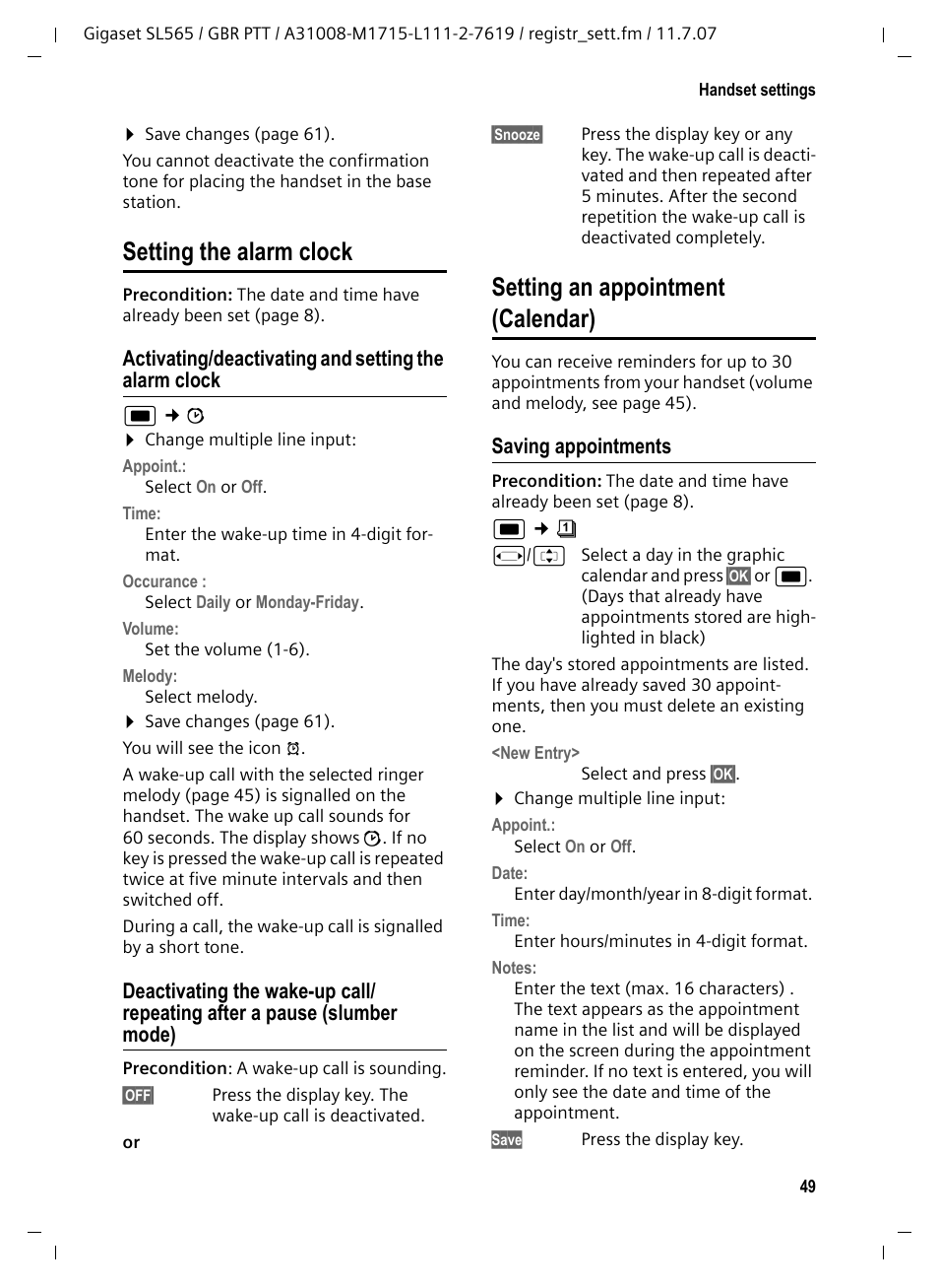 Setting the alarm clock, Setting an appointment (calendar), Saving appointments | Siemens Gigaset SL565 User Manual | Page 50 / 72