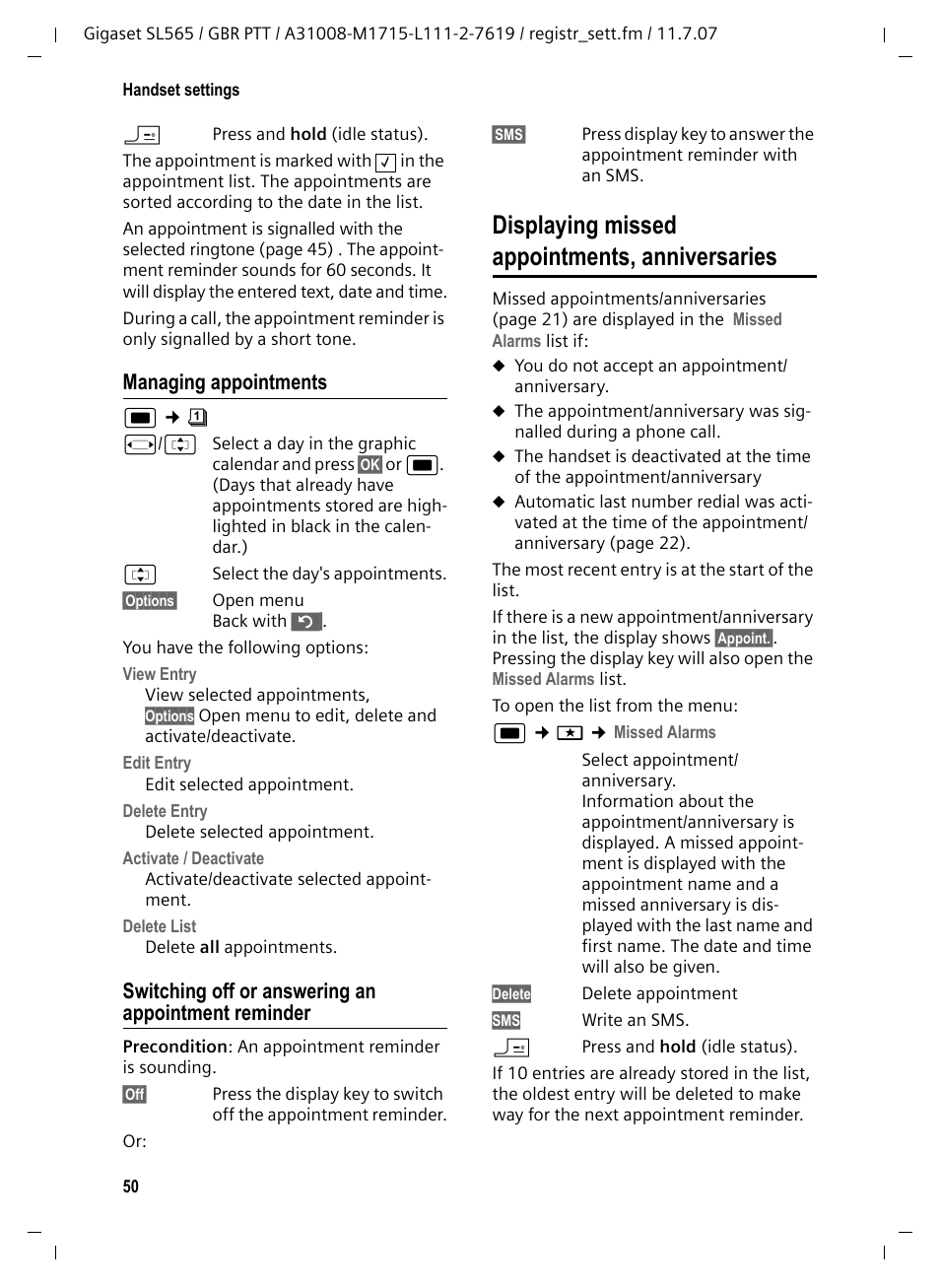 Managing appointments, Switching off or answering an appointment reminder, Displaying missed appointments, anniversaries | Siemens Gigaset SL565 User Manual | Page 51 / 72