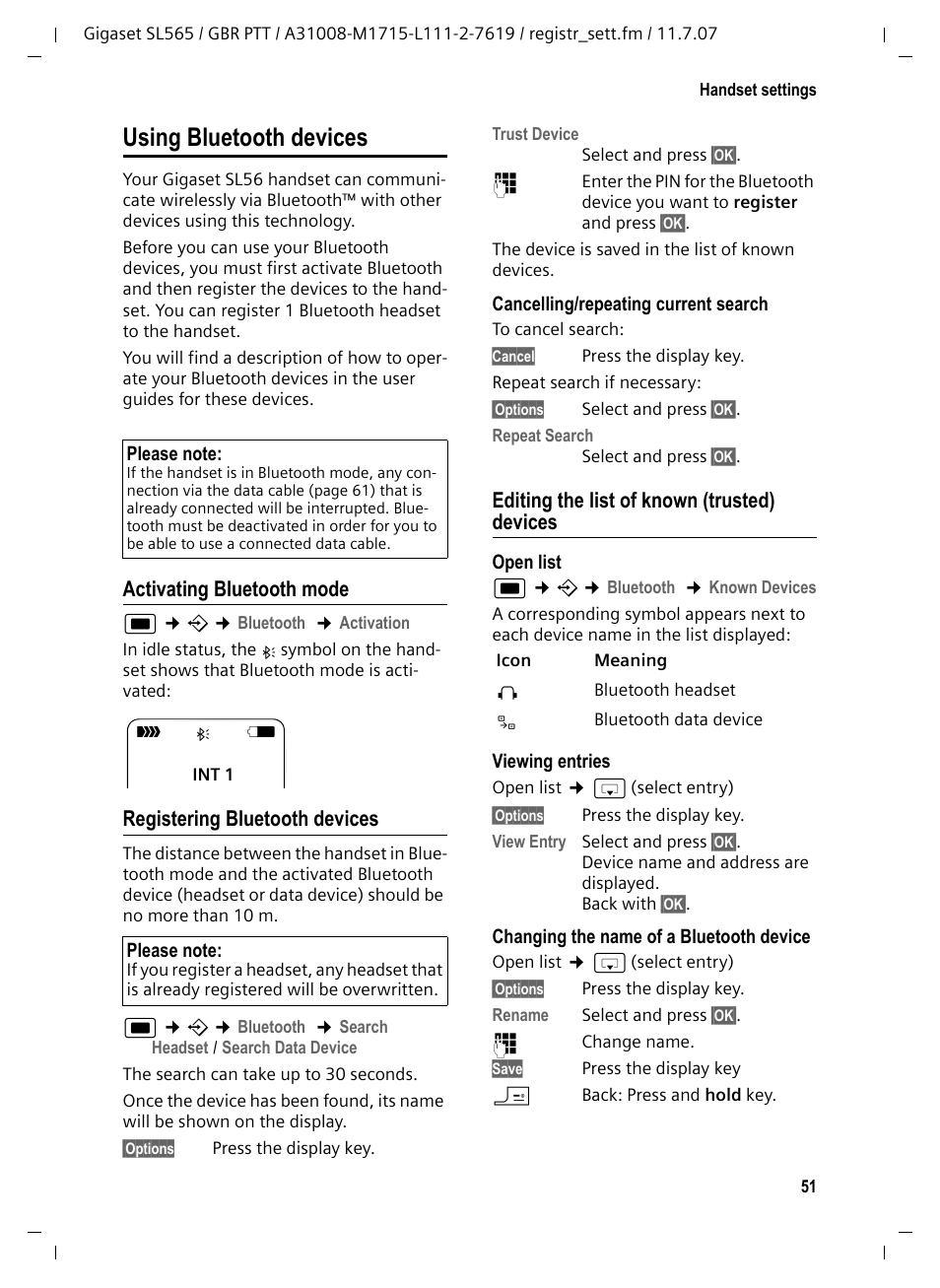 Using bluetooth devices, Activating bluetooth mode, Registering bluetooth devices | Editing the list of known (trusted) devices, Handset (see | Siemens Gigaset SL565 User Manual | Page 52 / 72