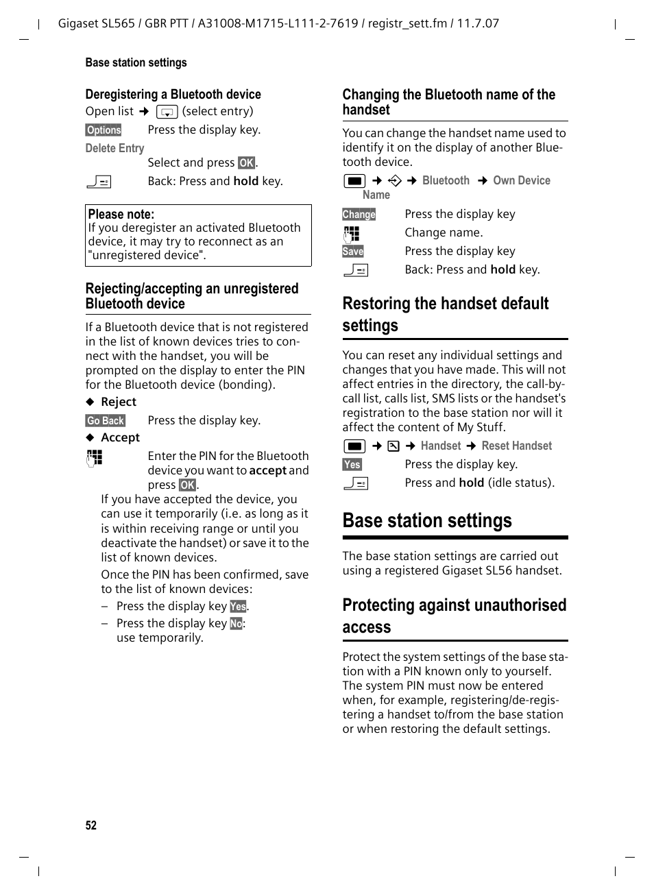 Changing the bluetooth name of the handset, Restoring the handset default settings, Base station settings | Protecting against unauthorised access | Siemens Gigaset SL565 User Manual | Page 53 / 72