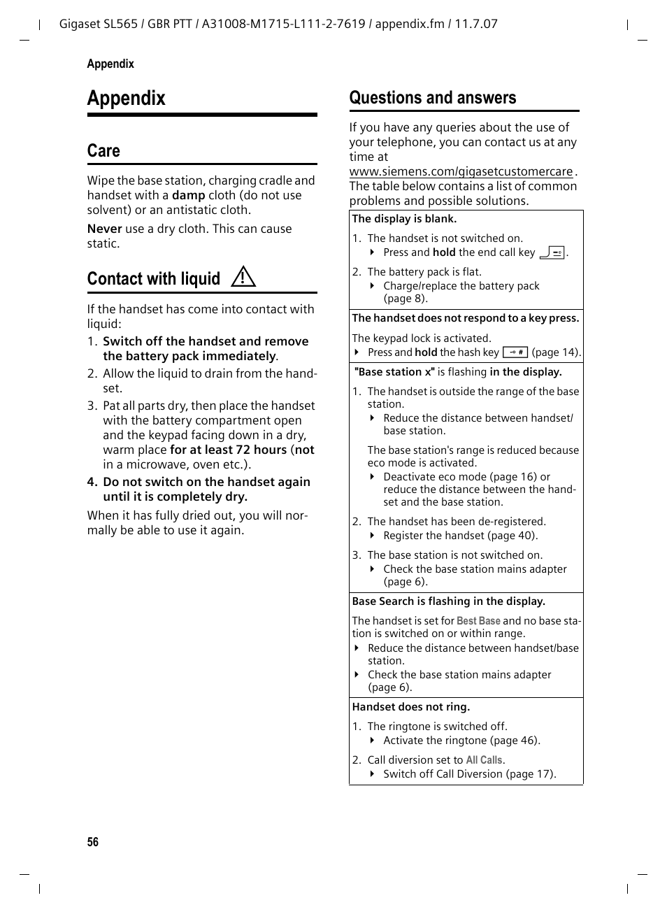 Appendix, Care, Contact with liquid | Questions and answers, Care contact with liquid questions and answers | Siemens Gigaset SL565 User Manual | Page 57 / 72