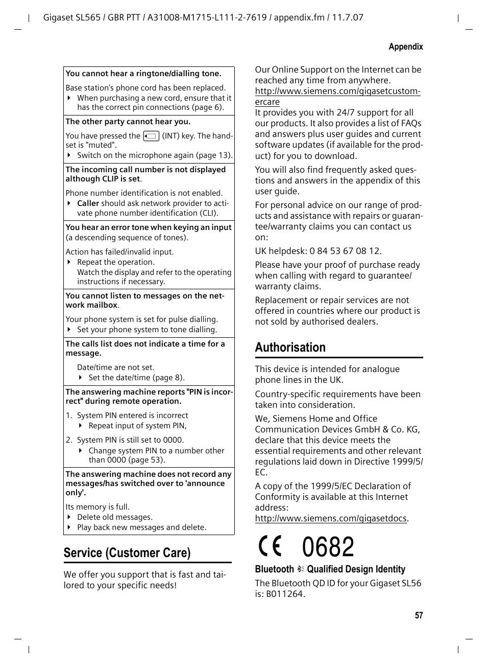 Service (customer care), Authorisation, Service (customer care) authorisation | Siemens Gigaset SL565 User Manual | Page 58 / 72