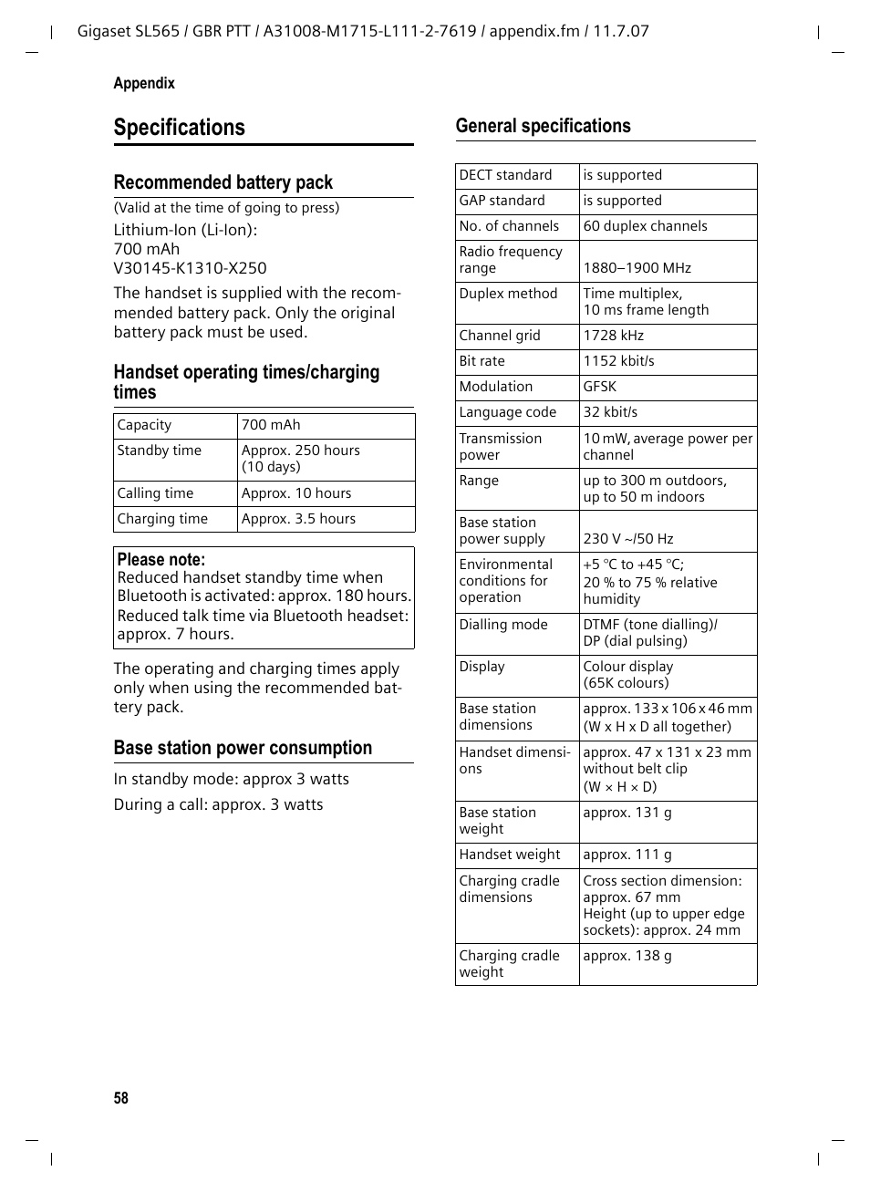 Specifications, Recommended battery pack, Handset operating times/charging times | Base station power consumption, General specifications | Siemens Gigaset SL565 User Manual | Page 59 / 72