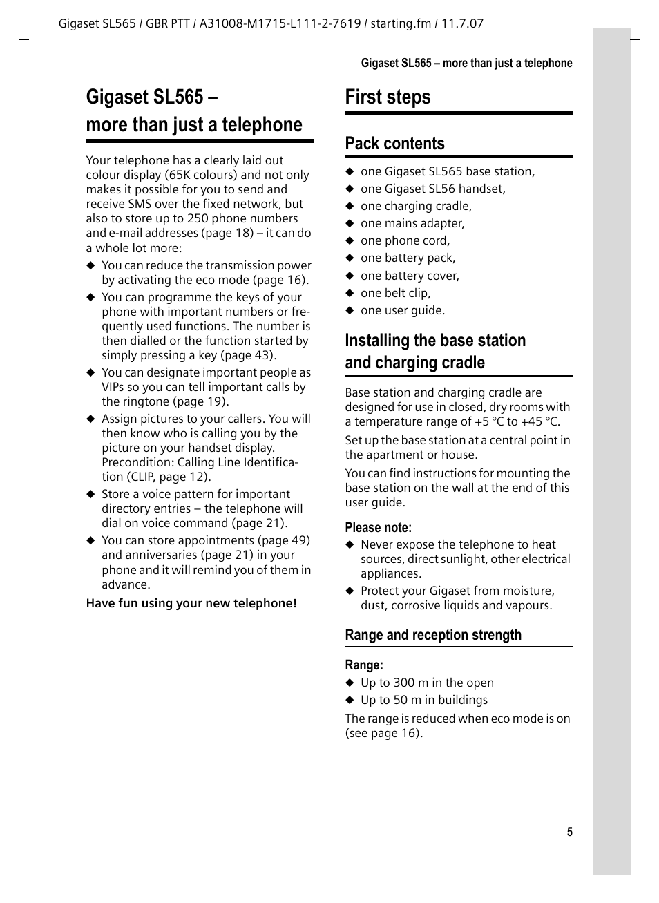 Gigaset sl565 - more than just a telephone, First steps, Pack contents | Installing the base station and charging cradle, Range and reception strength, Gigaset sl565 – more than just a telephone | Siemens Gigaset SL565 User Manual | Page 6 / 72