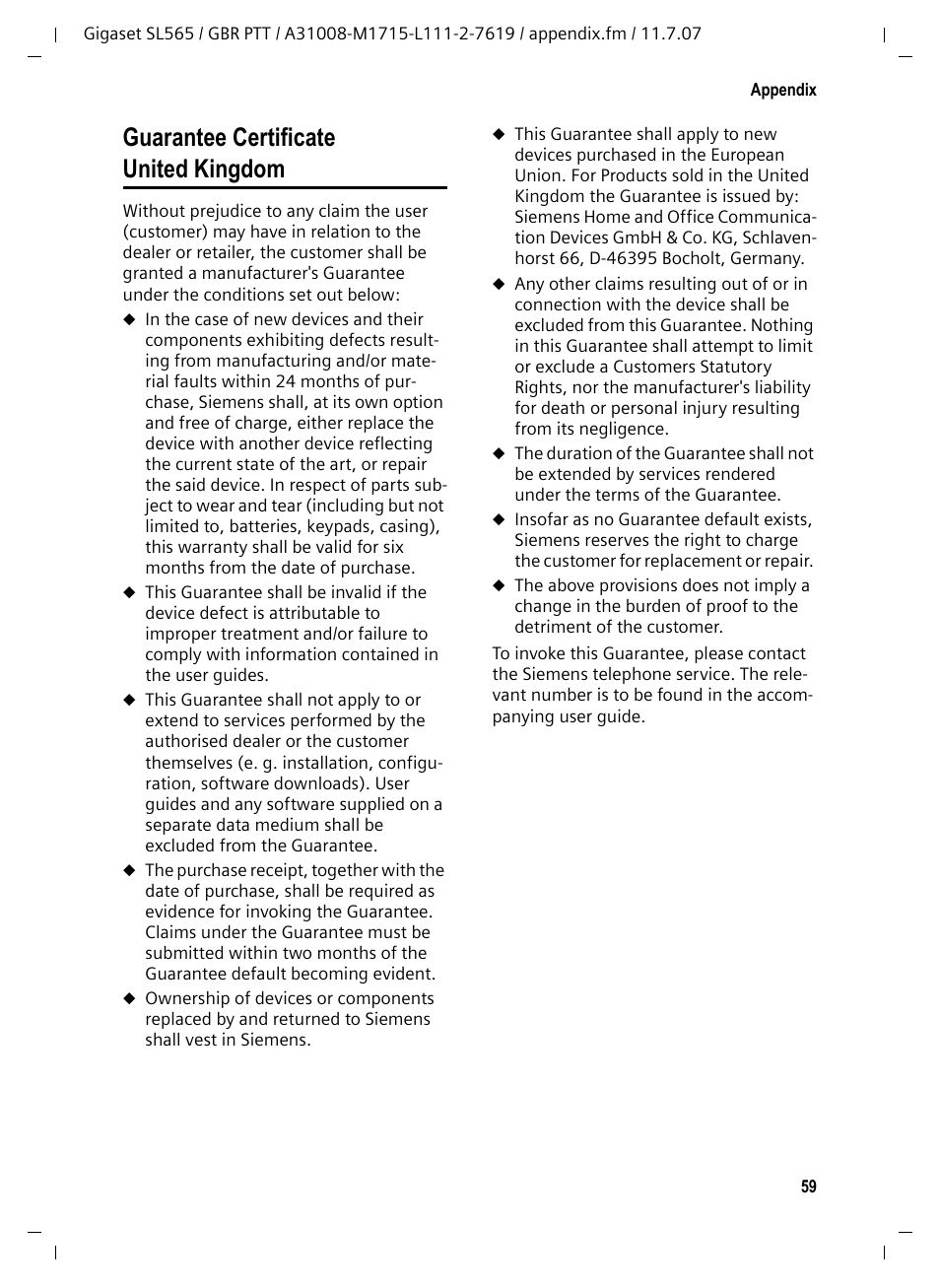 Guarantee certificate united kingdom | Siemens Gigaset SL565 User Manual | Page 60 / 72