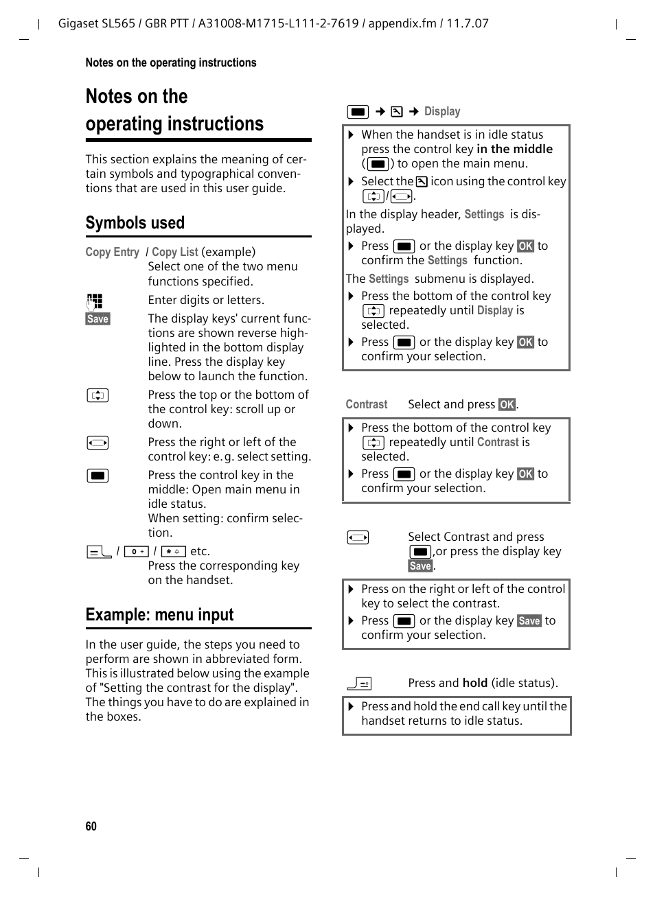 Notes on the operating instructions, Symbols used, Example: menu input | Symbols used example: menu input | Siemens Gigaset SL565 User Manual | Page 61 / 72