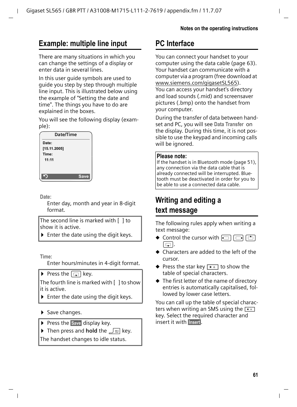 Example: multiple line input, Pc interface, Writing and editing a text message | Siemens Gigaset SL565 User Manual | Page 62 / 72