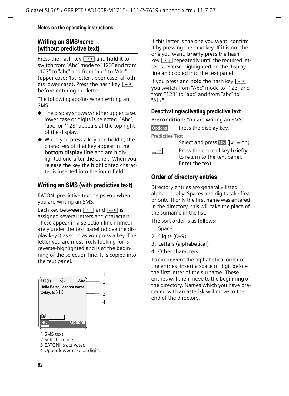 Writing an sms/name (without predictive text), Writing an sms (with predictive text), Order of directory entries | Siemens Gigaset SL565 User Manual | Page 63 / 72