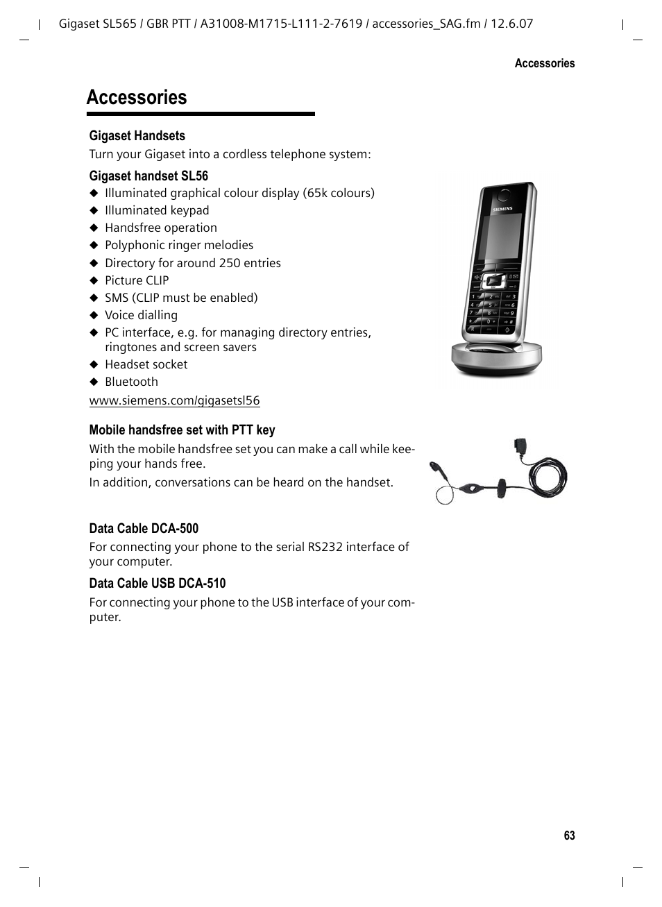 Accessories | Siemens Gigaset SL565 User Manual | Page 64 / 72