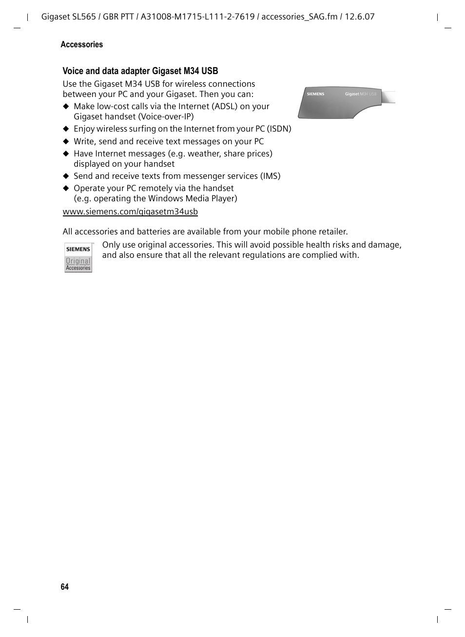 Siemens Gigaset SL565 User Manual | Page 65 / 72