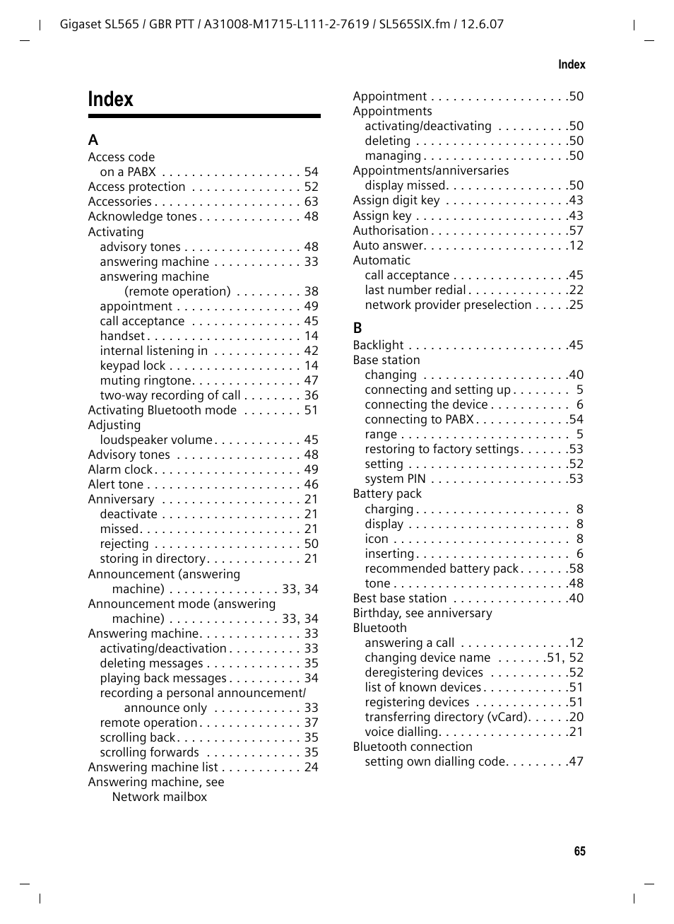 Index | Siemens Gigaset SL565 User Manual | Page 66 / 72