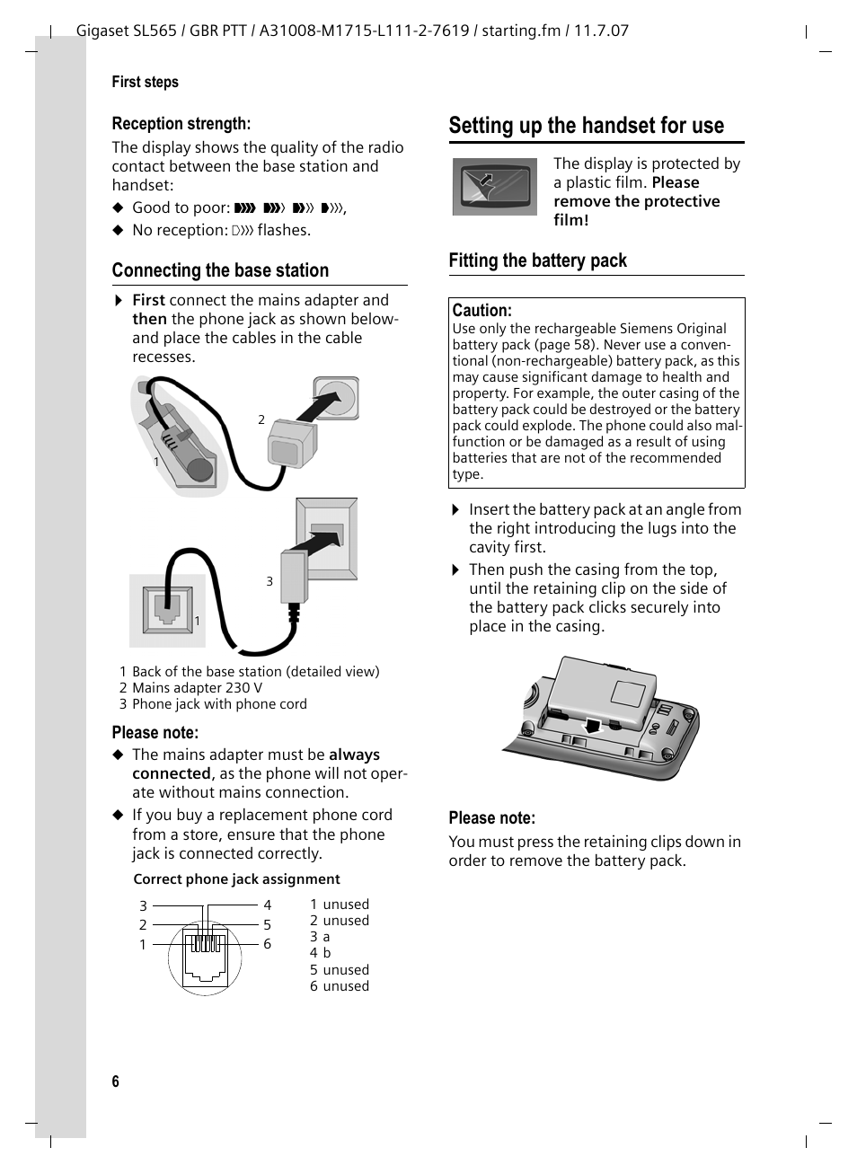 Connecting the base station, Setting up the handset for use, Fitting the battery pack | Siemens Gigaset SL565 User Manual | Page 7 / 72