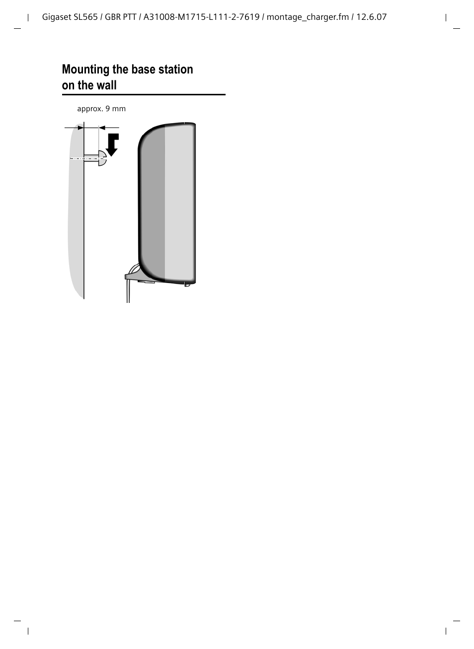 Mounting the base station on the wall | Siemens Gigaset SL565 User Manual | Page 72 / 72