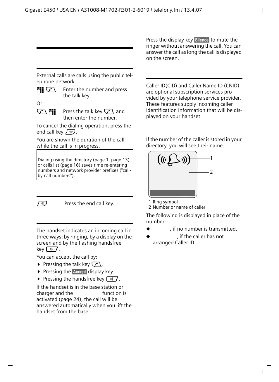 Making calls, Making an external call, Ending a call | Answering a call, Caller id, Call display with caller id/ name | Siemens Gigaset E450 User Manual | Page 10 / 46