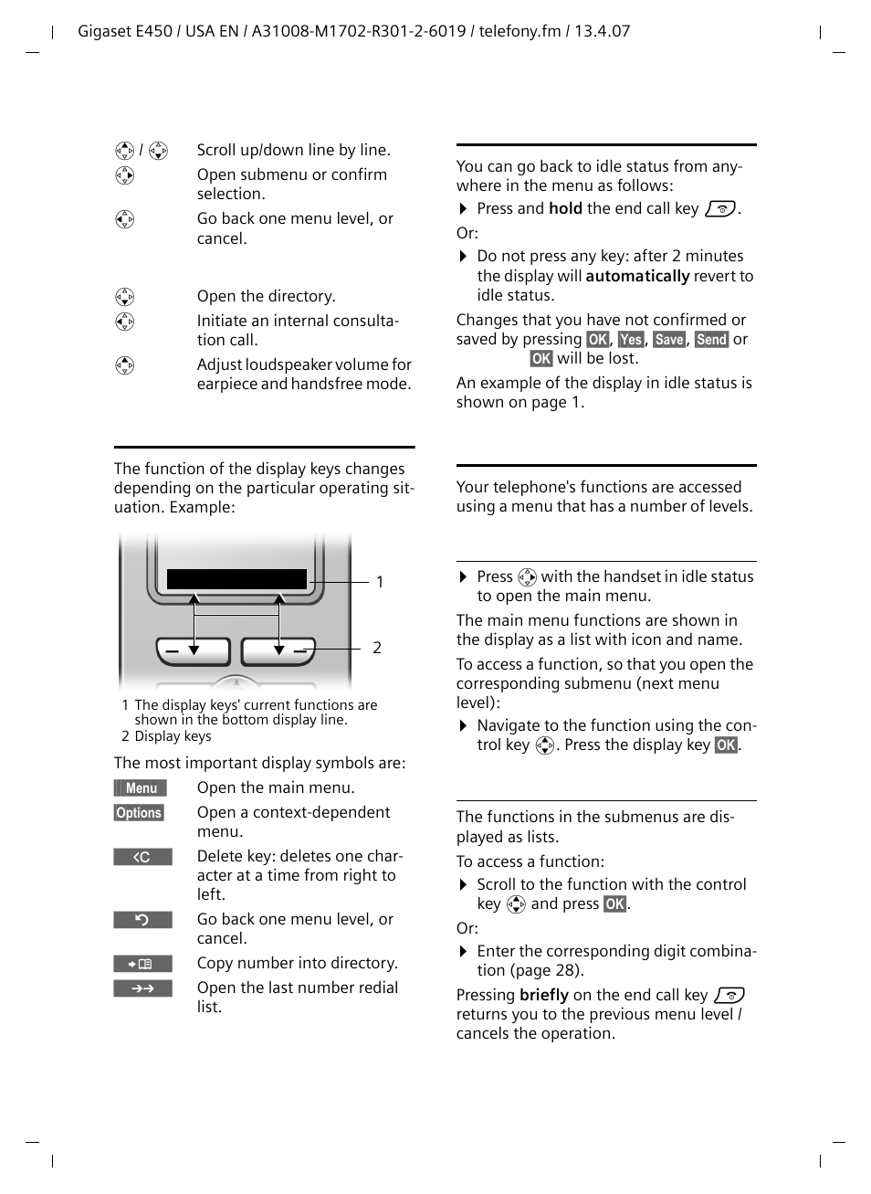 Display keys, Returning to idle status, Menu guidance | Main menu (first menu level), Submenus | Siemens Gigaset E450 User Manual | Page 12 / 46