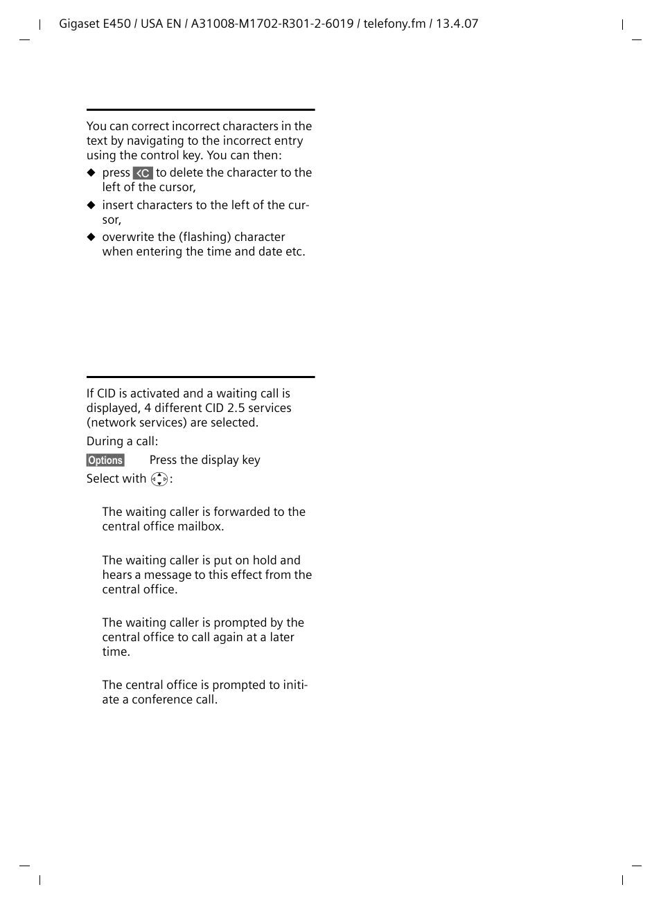 Correcting incorrect entries, Cid 2.5 services (network services) | Siemens Gigaset E450 User Manual | Page 13 / 46