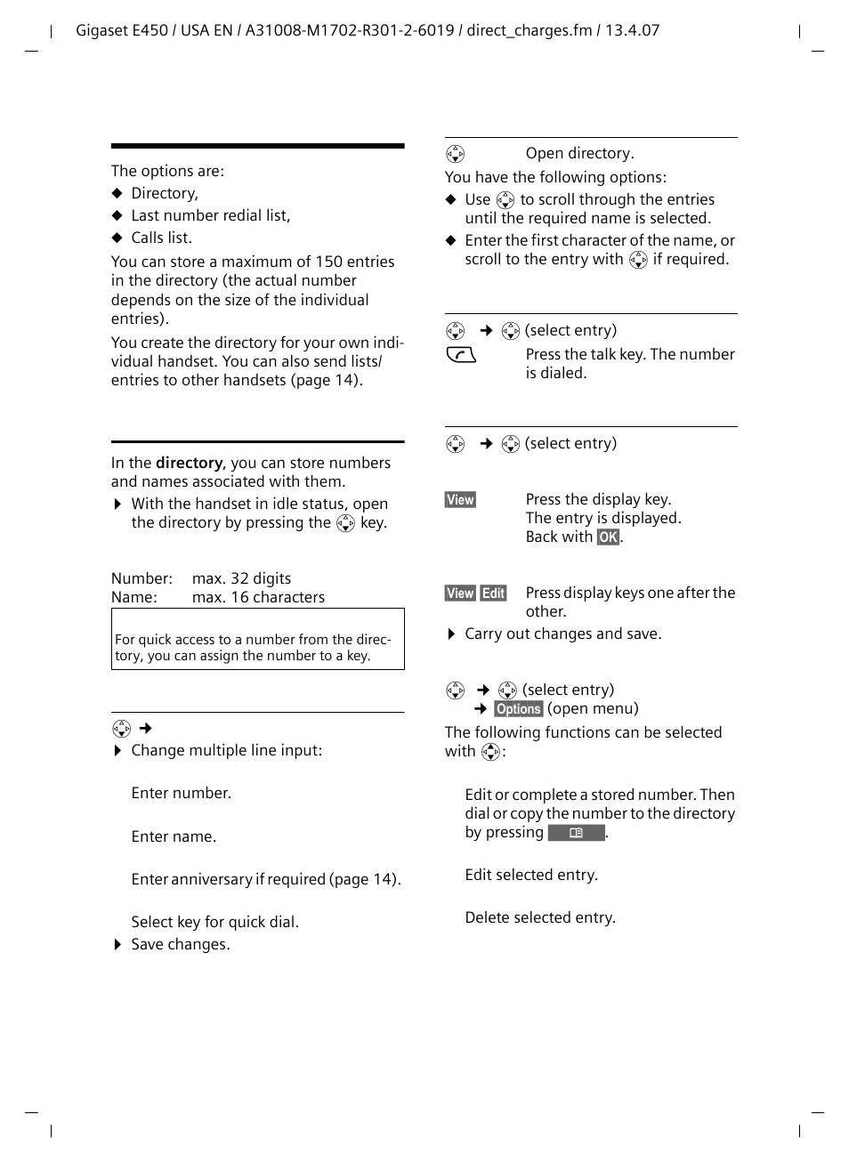 Using the directory and lists, Directory, Storing a number in the directory | Selecting entries in the directory, Dialing with the directory, Managing entries in the directory | Siemens Gigaset E450 User Manual | Page 14 / 46